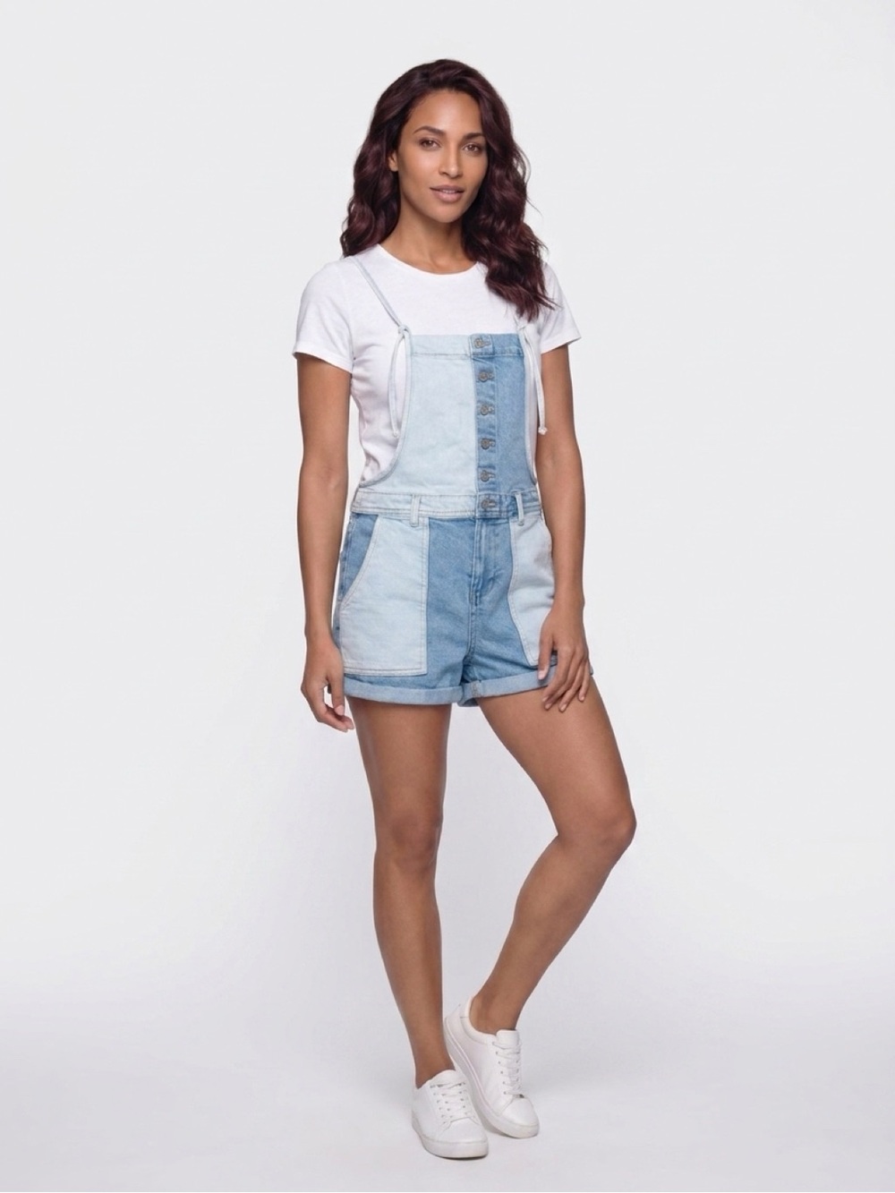 Celebrity Pink Two-Tone Light Blue Denim Short Overalls